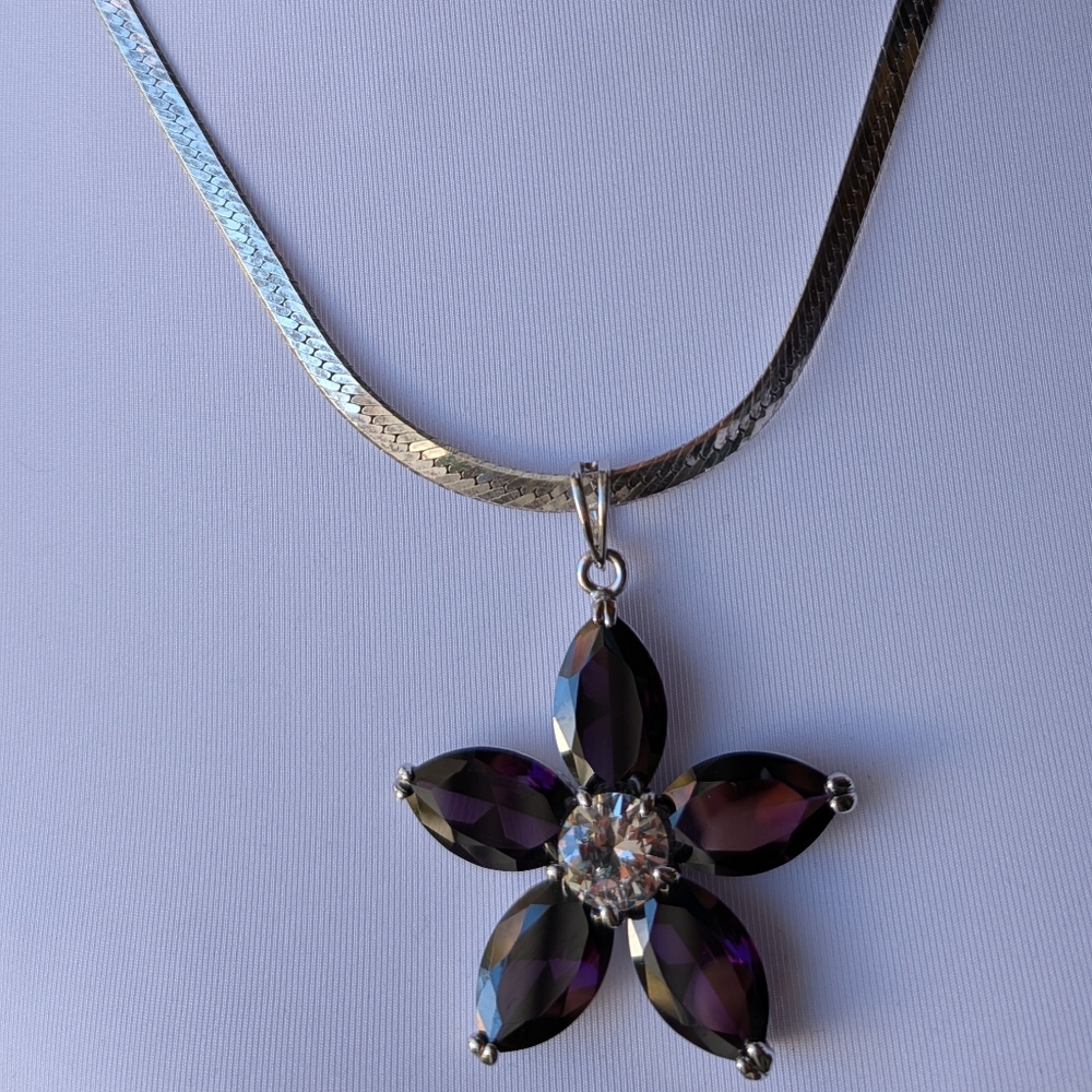 Amethyst Purple Flower Pendant Silver Tone Clear Crystal Center Statement VTG